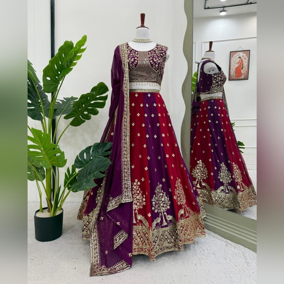 Lehenga Choli Set Heavy Embroidered Wedding Outfit Maroon Purplel Sangeet Garba - Picture 7 of 12